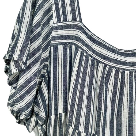 Terra & Sky Linen Blend Blue & White Stripe Square Neck Tiered Boho Tunic Sz 1X - Picture 7 of 11